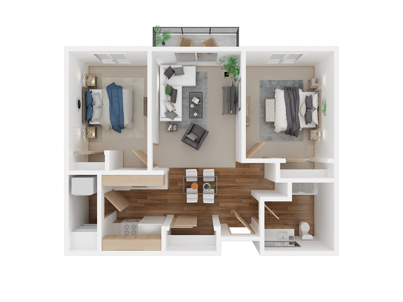 Floor plan for 2 beds, 1 bath, 745 sqft